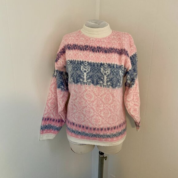 VTG 80s 90s Pastel Pink Spunky Crewneck Knit Sweater Turtleneck Cosby Snowflake - Picture 3 of 15